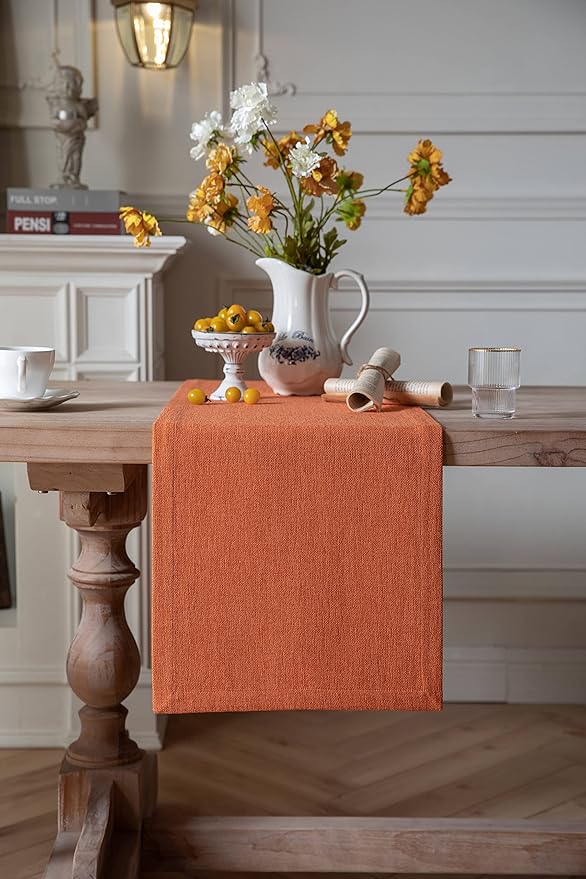 ZeeMart Burlap Style Farmhouse Table Runners 90 Inches Long, Burnt Orange Rustic Woven Dining Fall Table Runner for Everyday Use, 14x90 Inches, Harvest Pumpkin