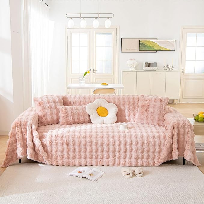HANDONTIME Faux Fur Plush Sofa Covers for Couch Washable Rabbit Plush Couch Cover Cozy Faux Fur Sectional Covers for Dogs Fluffy Plush L Shaped Sofa Cover Pet Couch Protector, 71" X118", Pink