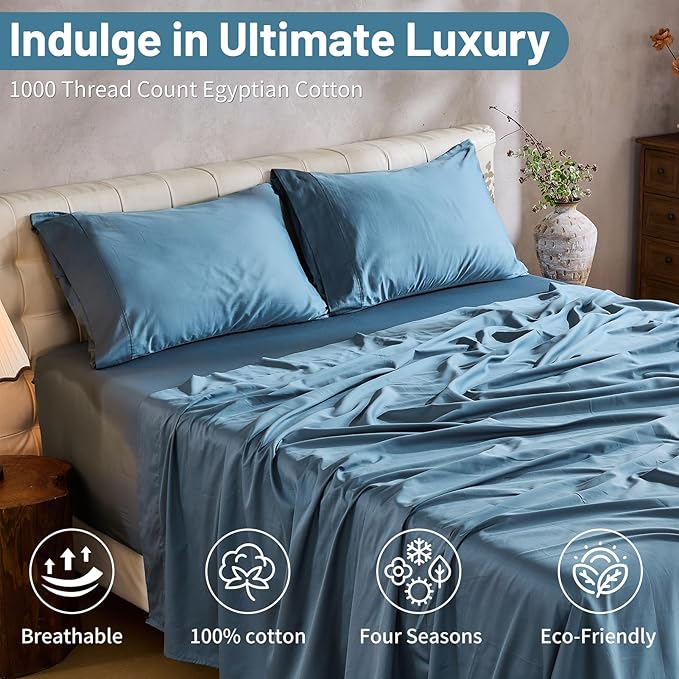 MEISHANG 1000 Thread Count Cotton Sheets Queen Size - 100% Egyptian Cotton, Sateen Weave, Soft & Breathable, Oeko-Tex Certified, 16" Deep Pockets - 4 Piece (Queen, Smoky Blue)