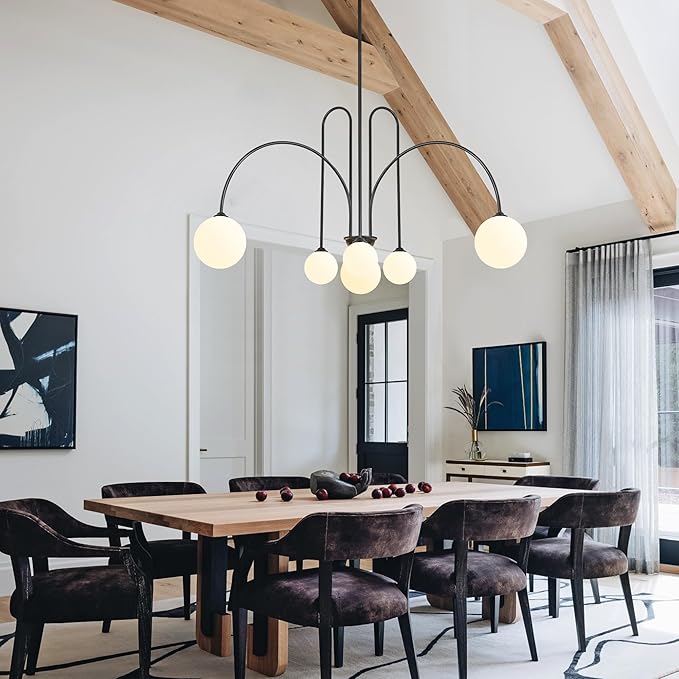Black Sputnik Chandelier,6 Lights Modern Chandelier for Dining Room Mid Century Chandelier Large L49” Ceiling Pendant Light Fixtures with Milk Glass Globe Shades for High Ceiling Foyer Living Room