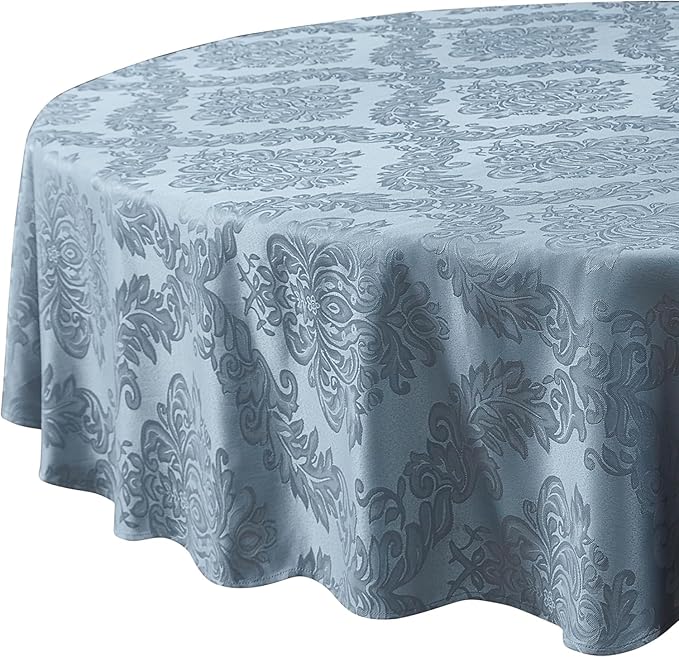 Newbridge Barcelona Damask Fabric Tablecloth, 90 Inch Round, Blue – No Iron, Soil Resistant Table Cover for Dining, Parties and Holidays