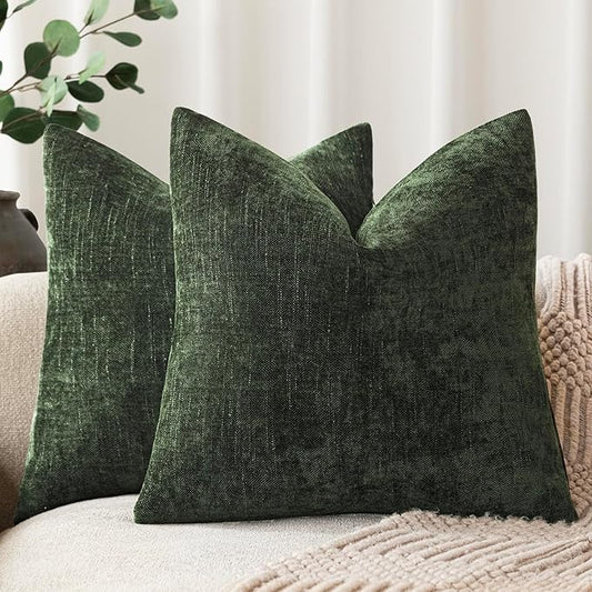 Foindtower Pack of 2 Soft Textured Chenille Throw Decorative Pillow Covers Square Accent Solid Cushion Cover Neutral Farmhouse Pillow Case for Couch Sofa Bedroom Living Room 22x22 Inch,Dark Green