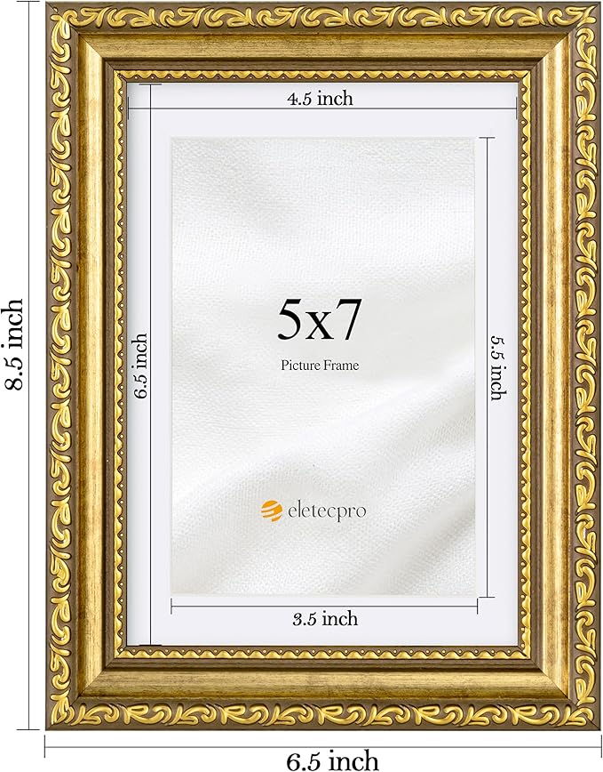 eletecpro 5x7 Picture Frames Set of 2, Vintage Photo Frames with Glass, Display 4x6 Photo with Mat or 5x7 without Mat for Tabletop or Wall Decor, Gold