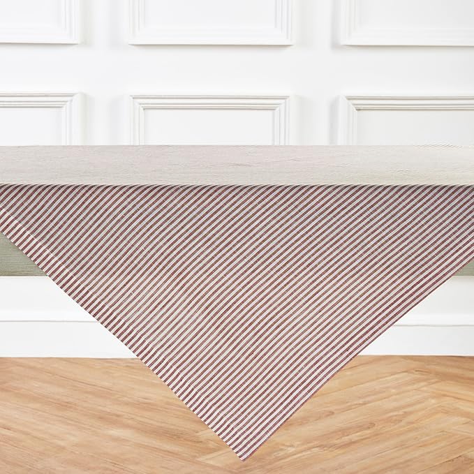 Solino Home Linen Square Tablecloth 52 x 52 Inch - Narrow Stripe, 100% Pure Linen Cinnamon and White Table Throw - Machine Washable Tablecloth for Fall, Autumn, Thanksgiving