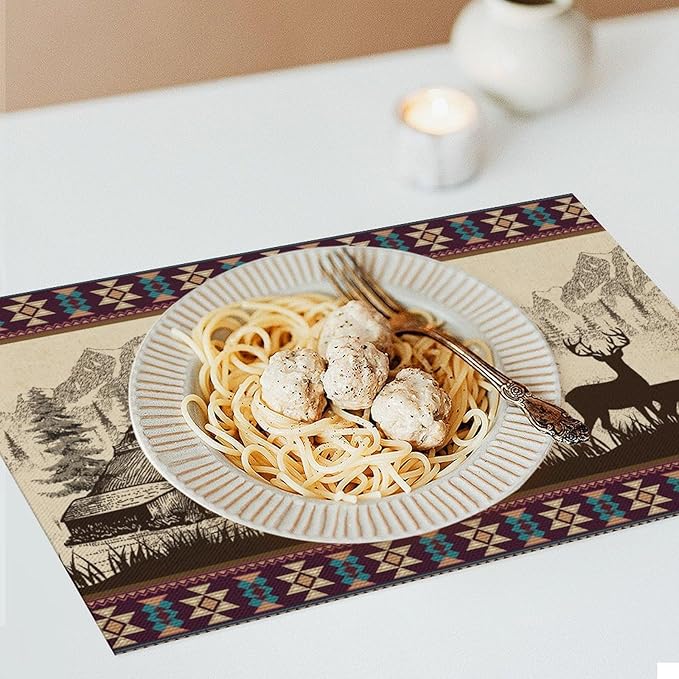 Rustic Animal Placemat Set of 6, 12x18 Inch Vintage Bear Deer Wild Animal Aztec Forest Pine Tree Cabin Country Lodge Coffee Table Mats for Outdoor Kitchen Dining Table Decoration