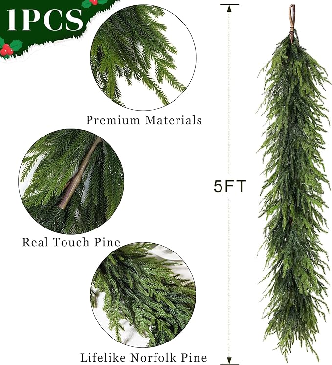 Artificial Norfolk Pine Garland - Faux Christmas Garland Fake Green Garland for Fireplace,Table, Stairs, Mantle, Window,Indoor Outdoor,Home,Holiday Decor(1 PCS,5 FT)