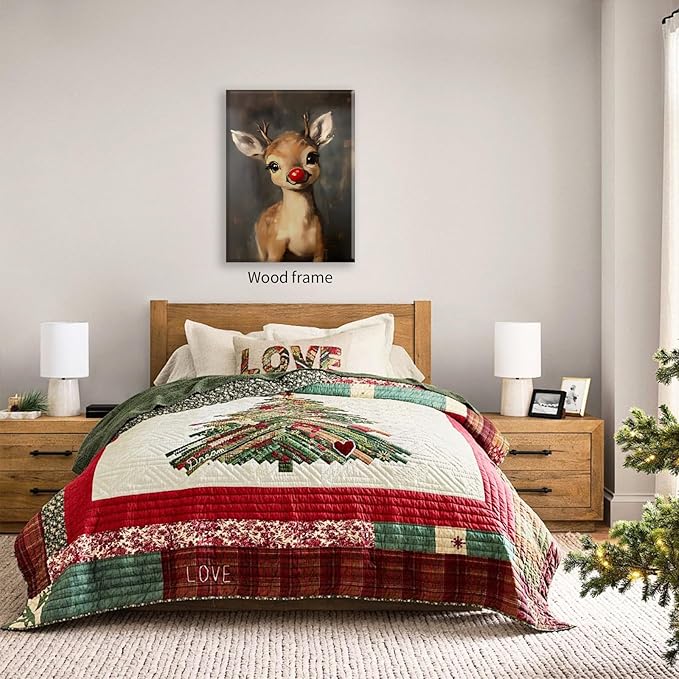 Christmas Reindeer Wall Art Winter Cute Whimsical Animal Canvas Poster 24x36 inch Framed Vintage Red Nose Deer Painting Prints for Rustic Living Room Bedroom Wall Decor