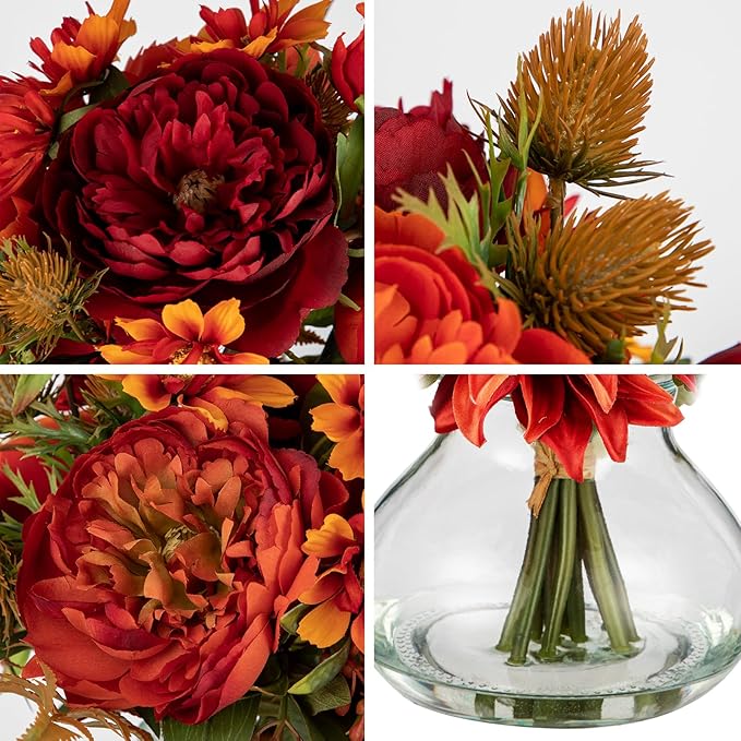 Fake Peony Flowers in Vase Fall Table Centerpiece Faux Floral Arrangement in Vase Autumn Artificial Flowres for Tables Orange Silk Flowers Arrangement