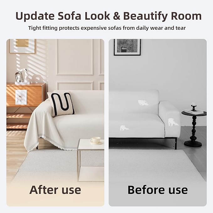 Couch Cover for 2-3 Cushion Couch, Non Slip Slipcover Chenille Couch Covers for Sectional Sofa, Sofa Covers Washable, Soft Sofa Furniture Protector for Pets and Kids, 71''x118'', Cream