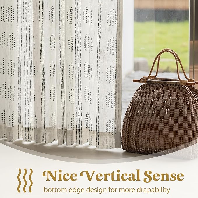 Boho Linen Curtains for Bedroom Living Room Black Farmhouse Boho Curtains 96 Inches Long Geometric Striped Patterned Mudcloth Grommet Top Light Filtering Window Drapes 2 Panels Black on Beige