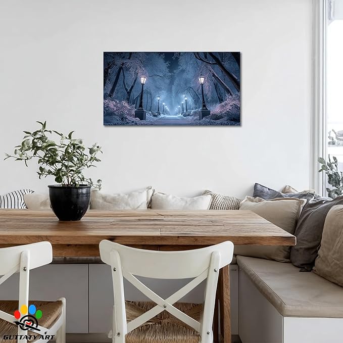 GUTTATY Winter Scene Christmas Canvas Wall Art, Blue Frosty Landscape Canvas Prints, Snowy Pathway Illuminated by Street Lamps, Park Winter Pictures Wall Decor for Living Room, Bedroom, 40x20 Inch