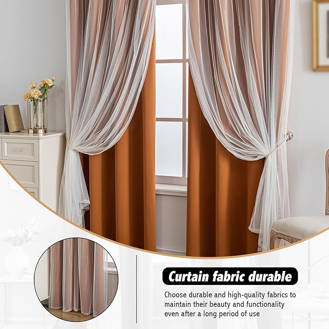 Anytime Home Curtains Blackout and Sheer Layered Solid Window Curtain Panel Pair with Grommet Top, 52Wx84L,Orange