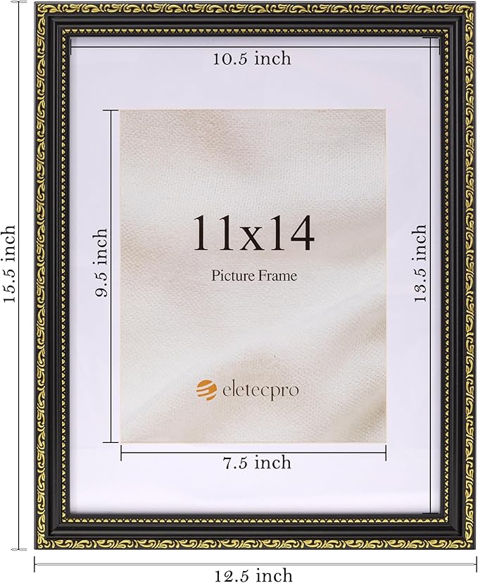 eletecpro 11x14 Picture Frames Set of 2, Vintage Photo Frame with Glass, Ornate Gothic Frames 11 x 14 Display 8x10 Photo with Mat or 11x14 without Mat for Tabletop or Wall Decor, Black Gold