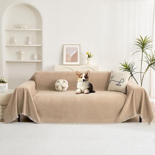 Couch Cover for 3 Cushion Couch Chenille Sofa Cover Sectional Couch Covers, Couch Cover for Dogs Washable, Soft Non-Slip Sofa Slipcover Sofa Protector Futon Cover, 71''x134'', Khaki
