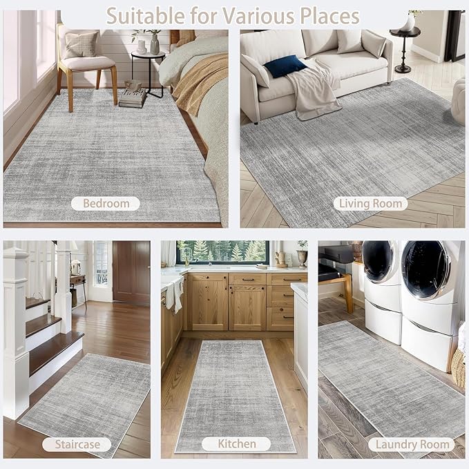 Enkor Runner Rugs for Hallway, 2x10 Washable Soft Non Slip Abstract Rugs for Kitchen, Modern Mat for Entryway Living Room Bedroom Light Grey