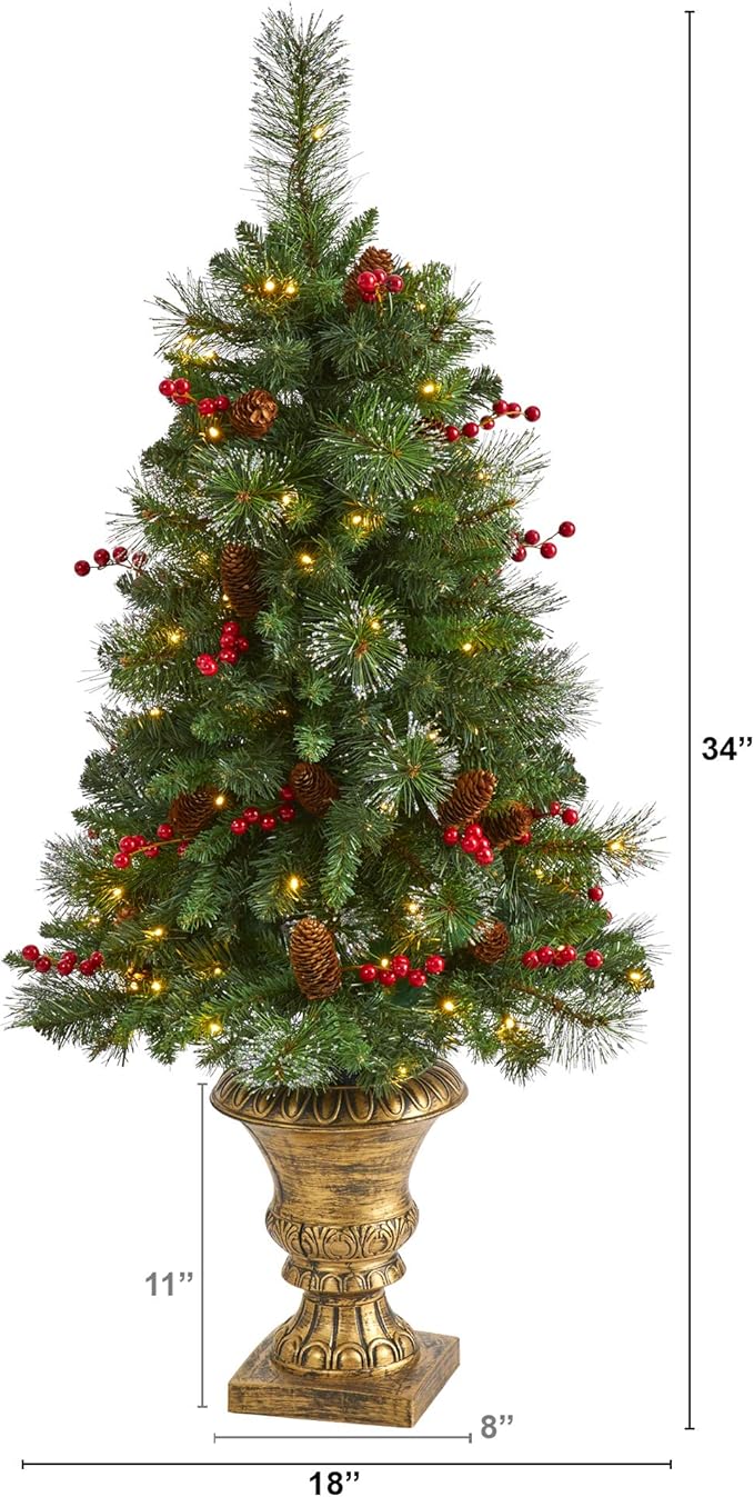 Nearly Natural 4ft. Pine, Pinecone and Berries Artificial Christmas Tree with 100 Clear LED Lights in Decorative Urn