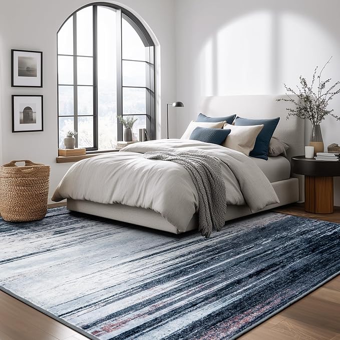 Rugflix 8x10 Large Area Rug for Living Room, Washable Low Pile Carpet Non Slip, Soft Stain Resistant Blue Grey Indoor Rug for Bedroom, Dining Room, Home Office