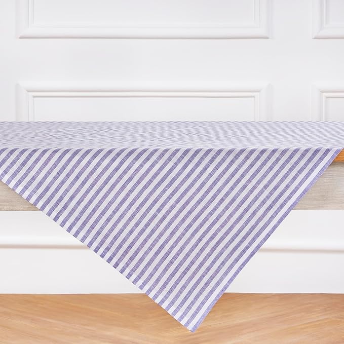 Solino Home Linen Tablecloth 52 x 52 Inch - Amalfi Stripe, 100% Pure Linen Violet and White Square Tablecloth - Machine Washable Table Throw
