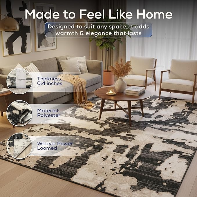 Abani Terra Cream Area Rug for Living Room, Bedroom - Black Abstract Pattern - 6' x 9' - Durable & Easy to Clean