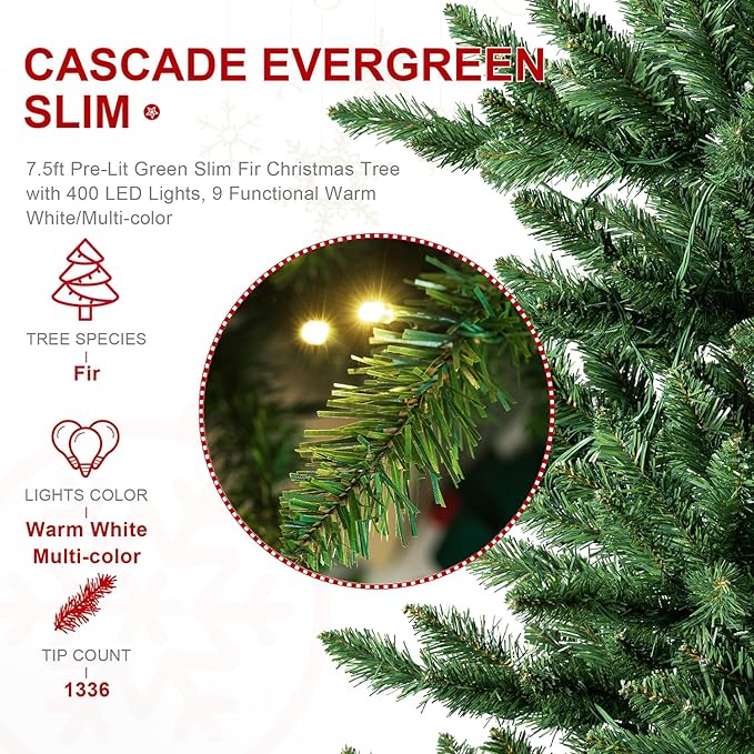Glitzhome 7.5ft Prelit Christmas Tree, Artificial Christmas Tree Emerald Elegance Slim Green Fir Tree with 400 LED Lights, 1336 Branch Tips, 9 Functional Warm White/Multi-Color, Remote Controller