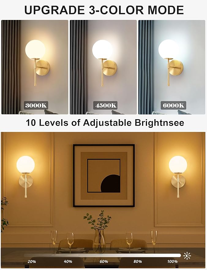 Battery Operated Globe Wall Sconces Set of 2, Brushed Gold Wireless Wall Lights with Remote Control, Rechargeable 3 Color Stepless Dimming Modern Wall Decor Lamp for Bedroom Living Room Hallway