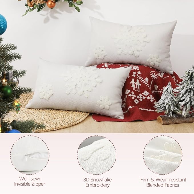 Lewondr Christmas Throw Pillow Cover, 2 Pack Snowflake Embroidery Decorative Throw Pillow Case Linen Sofa Cushion Cover for Party Thanksgiving Day Xmas Decor 12"x20"(30x50cm) - White