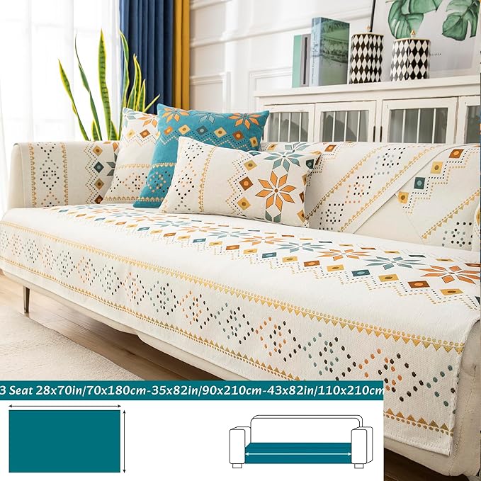 Boho Chenille Couch Covers,Geometric Couch Covers for Sofa,Chenille Sectional Couch Cover Non Slip,l Shaped Sofa Furniture Protector Cover,Off-White_3 Seat,43x82in/110x210cm