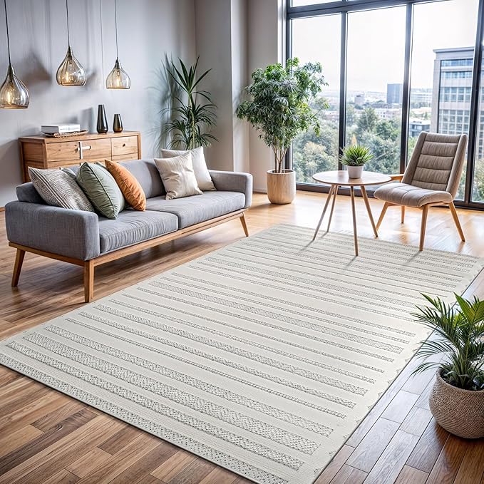 CAMILSON Modern Rug 9x12 Luxury Striped Line Large Micro Loop Area Rugs Soft High-Low Pile Stain Resistant Easy to Clean Non-Shedding Durable Living Room Office Indoor Carpet (White)
