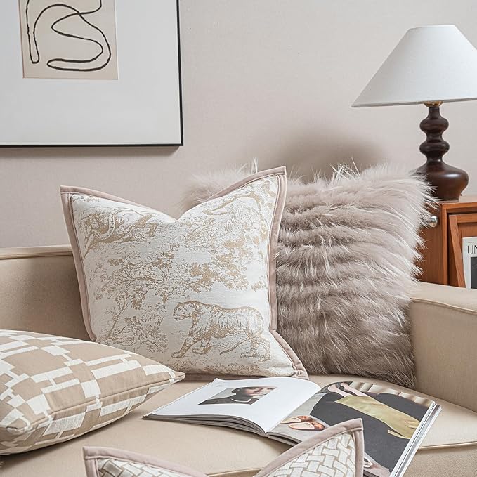 2025 New 20x20'' inches Throw Pillow Cushion Covers - Jungle Pattern with Edge Strip Chenille Jacquard Embroidery Luxury Modern Style Couch Sofa Bed Pillow Cover for Living Room Bedroom