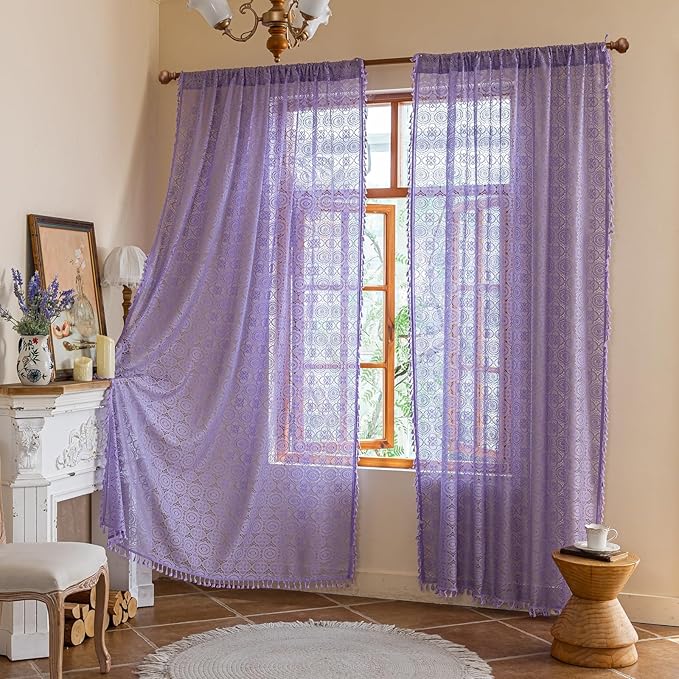 Light Purple Lace Curtains 84 Inches Long 2 Panels Boho Doily Pattern Window Curtain Drapes for Living Dining Room Romantic Light Filtering Lilac Sheer Curtains for Girls Room 59x84 Lavender