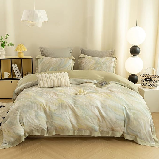 ECOCOTT Bedding 3-Piece Duvet Cover Set Queen Size – Silky Soft 100% Lyocell, Cooling & Breathable for Hot Sleepers, Ultra-Soft with Elegant Marble Pattern, Moisture-Wicking