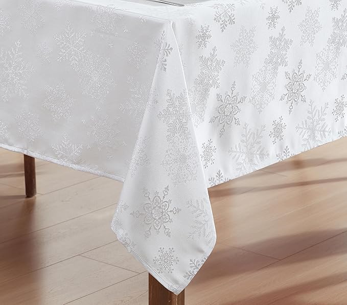 Newbridge Fancy Metallic Snowflake Christmas Fabric Tablecloth, 60 x 120 Inch Rectangle, White Silver, No-Iron Soil Resistant Sparkling Snowflakes Woven Holiday Table Cover