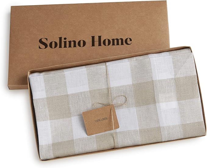 Solino Home Linen Checkered Tablecloth 60 x 90 Inch - 100% Pure Linen Natural and White Buffalo Plaid Table Cloth for Rectangle Tables - Machine Washable Tablecloth for Fall, Thanksgiving, Holiday