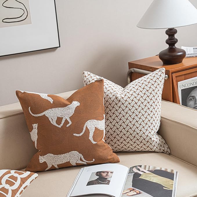 2025 New 18x18'' inches Throw Pillow Cushion Covers - Woven Grid Orange Color Chenille Jacquard Embroidery Luxury Modern Style Couch Sofa Bed Pillow Cover for Living Room Bedroom