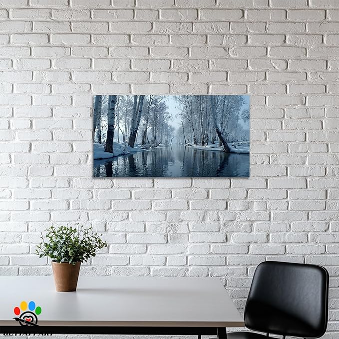 GUTTATY Christmas Winter Scene Canvas Wall Art, Snow Forest Canvas Prints, Tranquil Birch Tree Pictures, Serene Blue Wall Decor for Living Room, Bedroom, Holiday Decoration, 48x24 Inch