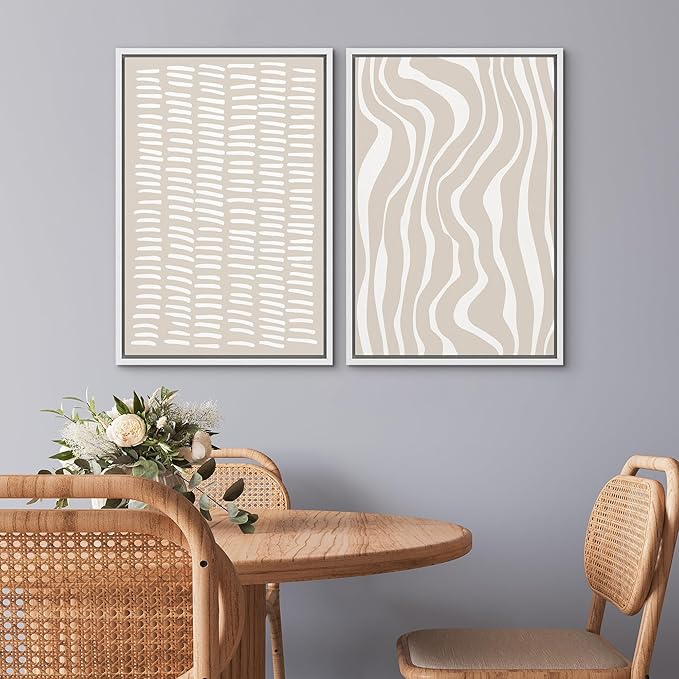 SIGNWIN Framed Canvas Print Wall Art Set Tan White Geometric Stripe Collage Abstract Shapes Cozy Neutral Modern Art Minimal Boho Relax/Calm for Living Room, Bedroom, Office - 16"x24"x2 White
