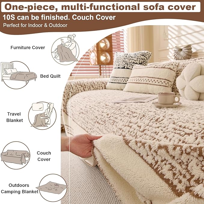ROOMLIFE Thicked Striped Boho Khaki Couch Cover for 2-3 Cushion Sofa, Fuzzy Plush Warm Sofa Slipcovers Sectional Sofas Covers, Non Slip Washable Furniture Protector Soft with Tassel,Winter 71''X150”