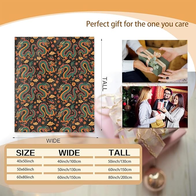 Dragon Blanket Gifts for Women Girls Kids, Soft Warm Lightweight Flannel Fierce Oriental Dragon Throw Blankets for Bedroom Living Room Home Sofa Home Decor 50" x 60"