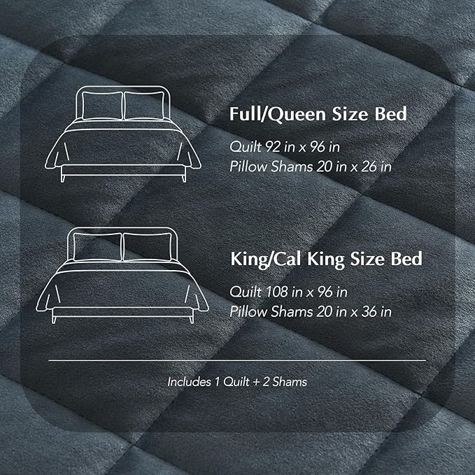 EVERGRACE Pearl Velvet Quilt Set King Size, Luxurious Soft Velvet Comforter Set, Lightweight Oversized Bedspread Coverlet, Box Stitch Quilted Bedding Sets for All Season, with 2 Shams, Stormy Blue