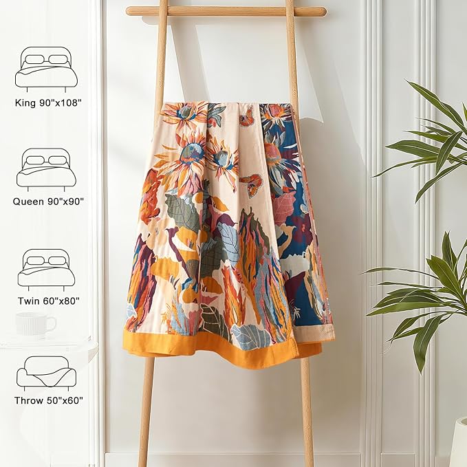 Boho Throw Blanket for Couch 100% Cotton Ultra Soft Rustic Quilt Butterfly and Floral Double Embroidery Fall Throw Blanket,50" x 60" All Season Throws for Sofa Chair