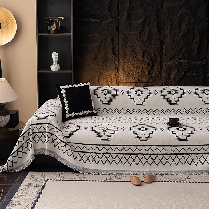 VClife Chenille Couch Cover Slipcover, Sectional Couch Cover for 3 Cushion Couch Sofa Pet Sofa Protector, Anti Slip White Tribal Pattern Couch Covers Furniture Protector wit Tassel, White, 71"X150"