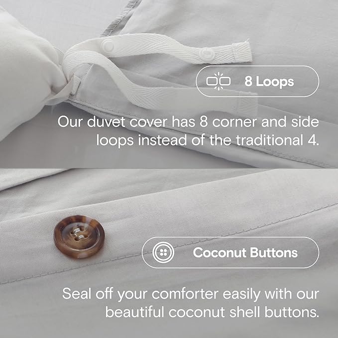 DOZ 100% Long Staple Cotton Duvet Cover Set, Soft Sateen Weave, Smooth, Breathable, Hotel Comfort, 106"x90", 8 Loops, 3pc – 2 Pillowcases 1 Duvet Cover (Dove, King/Cal King)