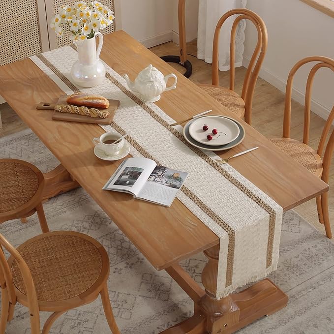 Boho Burlap Macrame Table Runner, Farmhouse Style Cotton Linen Rustic Woven Table Runner with Tassels for Dining, Wedding, Bridal Shower, Bohemian (12x108 inch, Off-White)