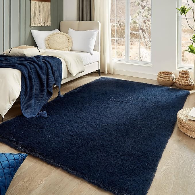 Floralux 5x7 Rugs for Living Room, Dark Blue, Soft Fluffy Area Rug for Bedroom, Upgraded Anti-Skid Plush Carpet for Kid's Room, Teens Dorm, Nursery, Home Decor Aesthetic