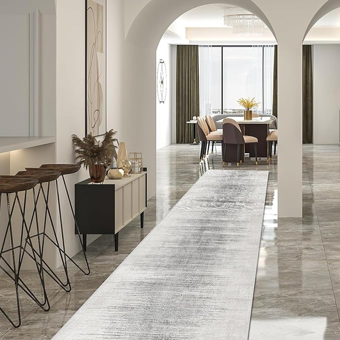 Enkor Runner Rugs for Hallway, 2'7"x13 Washable Soft Non Slip Rugs Abstract for Kitchen, Modern Mat for Entryway Living Room Bedroom White & Grey
