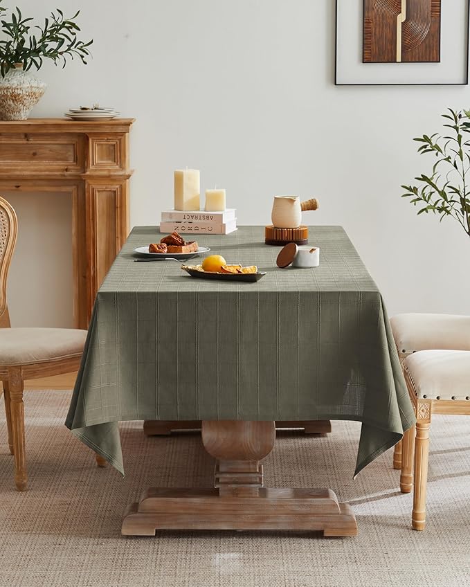 ZeeMart Linen Checked Table Cloth, Farmhouse Style Plaid Embroidered Green Tablecloth, Water Resistant Square Table Cloth, Olive 60x60 Inches
