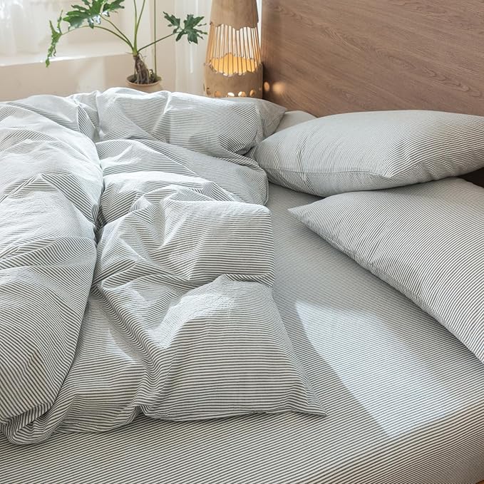 MooMee Striped Duvet Cover Set 100% Washed Cotton Linen Like Textured Breathable Durable Soft Comfy (Heathered Green Pinstripes, King 104"x90")