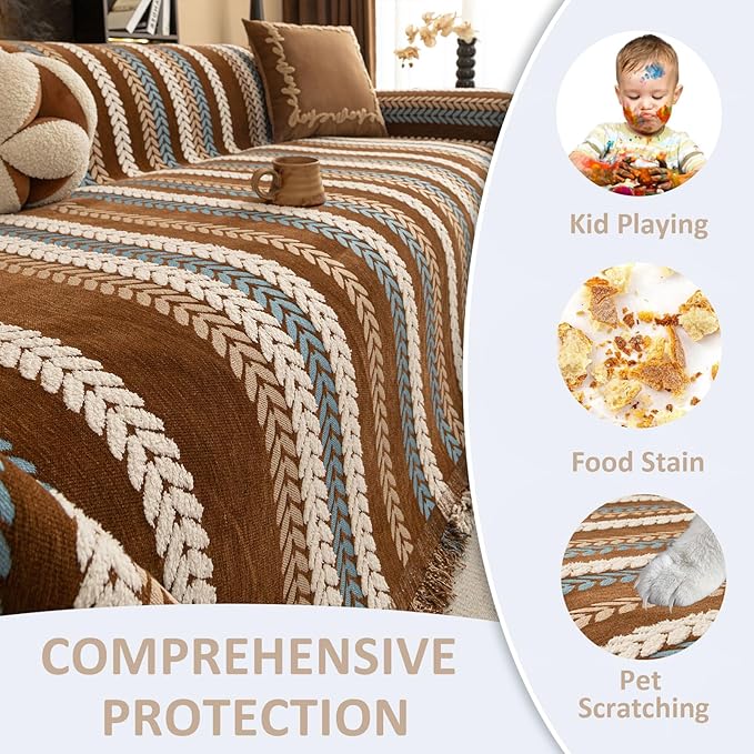 VClife Chenille Couch Cover for Sectional Sofa, Non Slip Couch Cover for 3 Cushion Couch Sofa, Washable Pet Couch Protector for Dog Chic Stripe Jacquard Sofa Slipcover with Tassel, Brown, 71''x150''