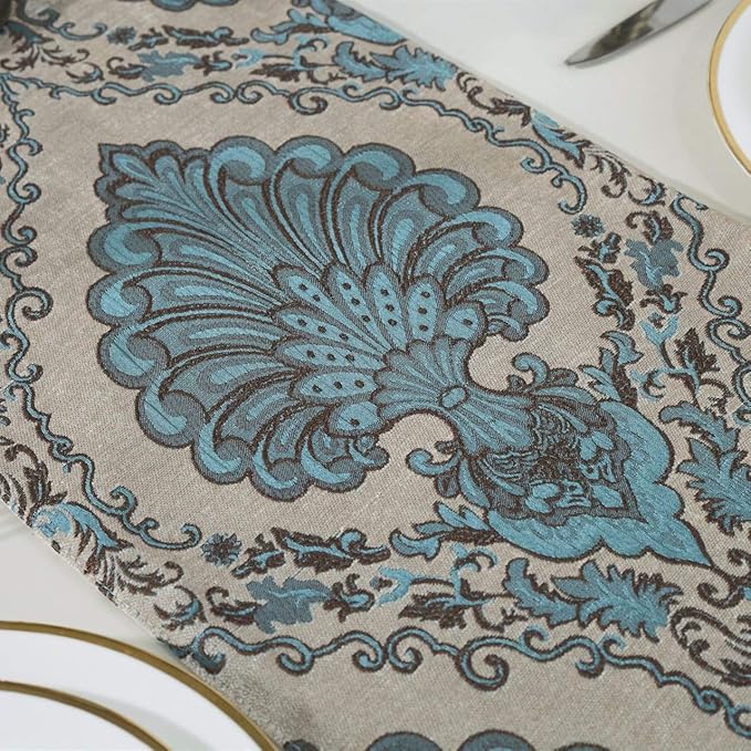 Embroidery Luxury Table Runner Jacquard Fabric Table Runner with Multi-Tassels for Dining Room Dresser Wedding Party Decorations, 13" x 98", Blue