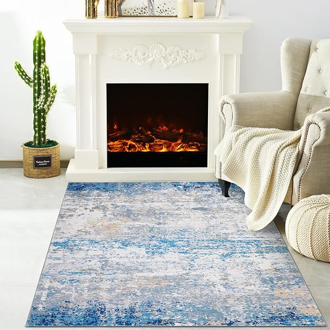 Modern Abstract 2x3 Area Rug Non Slip Non Shedding Low Pile Stain Resistant Rug for Entryway Kitchen Bedroom,Blue/Grey